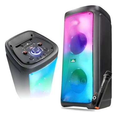 Imagem de Caixa de Som RGB Bluetooth Com Microfone Sem Fio e Recarregável USB, Bateria de 6000mAh IPX5, 80W RMS HIFI Som Estéreo Potente, Para Karaoke, Computador, Notebook, Celular, Tablet, TV, PC