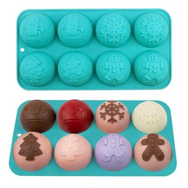 Imagem de 2 peças de moldes de silicone de Natal para bola de Natal de chocolate, molde de silicone com design de árvore de Natal de floco de neve, molde de doces de chocolate, moldes de cozimento para
