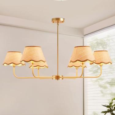 Imagem de Lustre de vime Boho ilha de cozinha de 99 cm, luminária pendente industrial rústica de 6 luzes com abajur tecido à mão, lustre de sala de jantar de latão ajustável