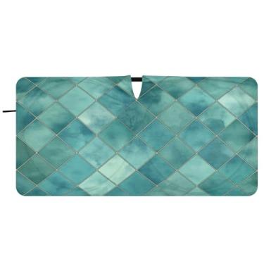 Imagem de Blueangle Para-brisa xadrez geométrico azul-petróleo aquarela - 149.9 cm x 76.2 cm dobrável carro janela frontal blocos guarda-sol raios UV viseira de sol (968)