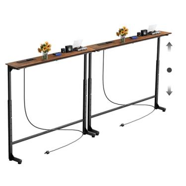 Imagem de Keelian Mesa de console estreita de 178 cm com tomada, altura ajustável (63,5 cm a 94 cm) atrás da mesa de sofá, sofá atrás da mesa skinny, prateleira de sofá com estação de carregamento, mesas de