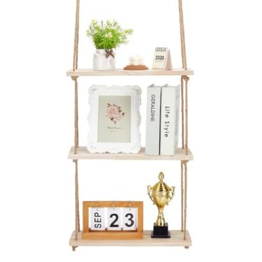 Imagem de PH PandaHall Prateleiras flutuantes de madeira para parede, prateleiras suspensas de 3 camadas, decoração de parede boho, suporte de vaso de plantas, prateleira flutuante com ganchos de corda de juta