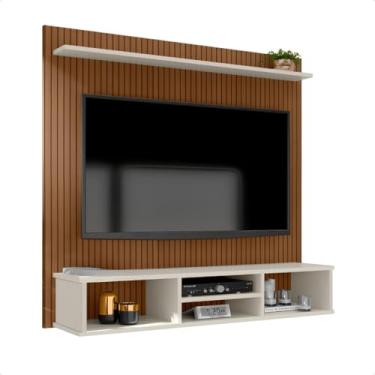 Imagem de MóVel De TelevisãO Com Prateleira Embutida E Prateleiras Laterais, Suporte Para Estante De Sala De Estar(Ripado/Off White)