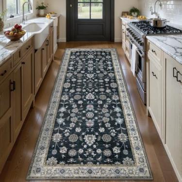 Imagem de Tangsoo Tapete de corrida preto 5 x 12 cm, tapete lavável para corredores, antiderrapante, floral, vintage, macio, tapetes baixos, corredores para cozinha, quarto, entrada, banheiro, sala de estar