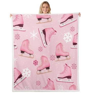 Imagem de Cobertor infantil de patinação no gelo, cobertor de cama sonhador de floco de neve para meninas e mulheres, patinação artística, jogos de esportes de inverno, cobertor felpudo rosa, branco, tamanho da