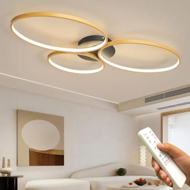 Imagem de Luminária de teto LED dimerizável, dourada, com 3 anéis, moderna e criativa, em alumínio, para sala de estar, quarto, sala de jantar, cozinha, corredor e varanda, 82×42×7cm