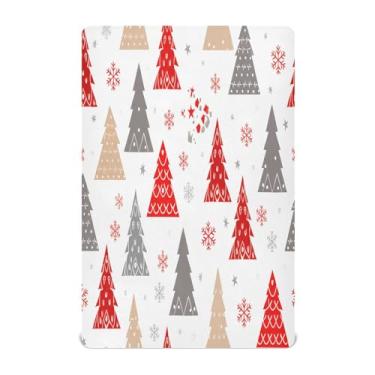 Imagem de Qilmy Lençóis de berço Red Christmas Trees de microfibra elástica macia e respirável para meninos e meninas, lençol de baixo com elástico 132 cm x 71 cm capa de colchão infantil portátil