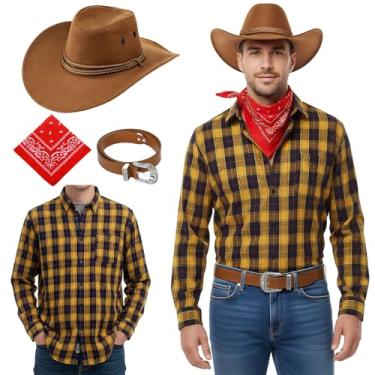 Imagem de Shyyween 4 Pcs Western Cowboy Outfit Costume for Men Camel Hat Belt Bandana Yellow Plaid Flannel Shirt for Halloween Cosplay(Yellow,XL)