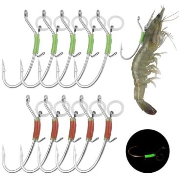 Imagem de Ganchos luminosos de camarão, anzóis farpados de aço de alto carbono com brilho de água salgada resistente à corrosão, caminhante de camarão para pesca de robalo em água doce (1/0-20 peças)