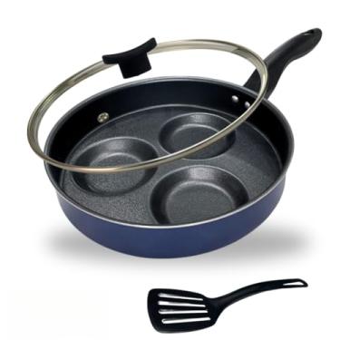 Imagem de Frigideira 22 cm Divisória 3 Ovos Hamburguer Antiaderente Alta Tampa de Vidro e Espátula Cor Azul