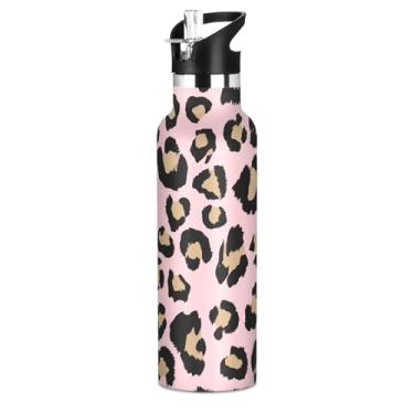Imagem de Garrafas de água leopardo preto caramelo rosa para crianças, meninos, parede dupla, vácuo, garrafa de água de aço inoxidável, copos de viagem isolados para crianças com tampa de canudo para bebidas