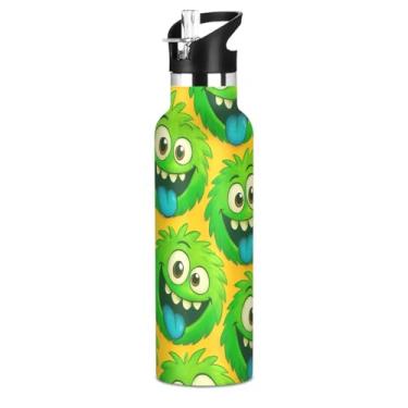 Imagem de Garrafa de água infantil de aço inoxidável para escola, monstro de desenho animado verde engraçado de 590 ml, livre de BPA, à prova de vazamento, copo de viagem isolado com tampa de canudo