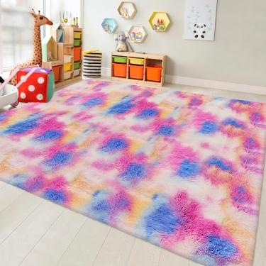 Imagem de Tapete colorido de arco-íris fofo para sala de estar, 20 x 25 cm, kawaii, arco-íris, tie dye, tapete de unicórnio para quarto, meninas, crianças, berçário, quarto de princesa, dormitório, decoração de