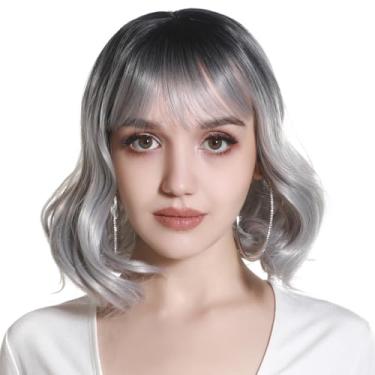 Imagem de Peruca curta Bob com franja franja ondulada cacheada perucas para mulheres sintético Pixie linda peruca falsa em camadas cinza com raiz escura