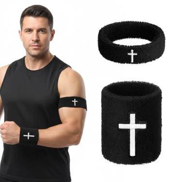 Imagem de 4 pulseiras de bíceps com cruz de fé, pulseiras de pulso cristãs, braçadeiras, absorventes para homens, mulheres, jogadores de beisebol de futebol, atividades esportivas, suprimentos para atividades