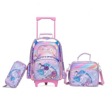 Imagem de Kit Mochila Rodinhas Menina Lancheira Estojo Espaçosa Infantil-Feminino