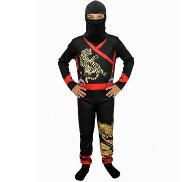Imagem de Fantasia Ninja Preto Infantil Roupa Samurai Macacão Longa Com Capuz E Máscara pra Criança Carnaval e Halloween (Preto, P 2-4)