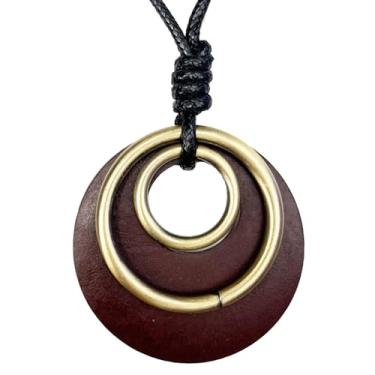 Imagem de AZORA Colar de pingente de anel múltiplo de cor bronze feito à mão estilo boho longo de corda de couro colar para mulheres, Couro, Sem Pedra Preciosa