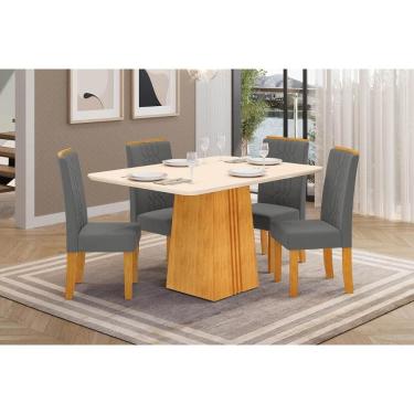 Imagem de Conjunto: Mesa de Cozinha Italia c/ Tampo Madeirado c/ Vidro 120x90cm e 4 Cadeiras Zoe Cedro/Off White - Suede Lunar - DJ Móveis