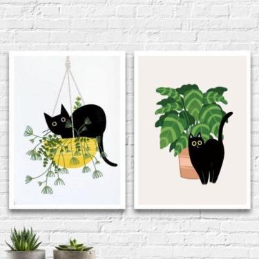Imagem de Kit 2 Quadros Decorativos Gato E Plantas 33X24Cm - Branca