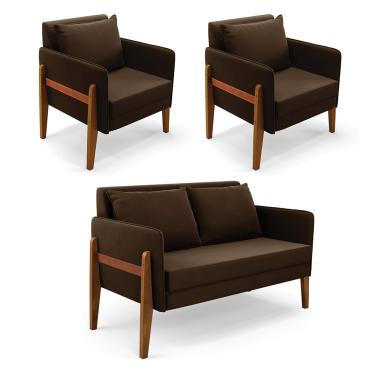 Imagem de Kit 1 Sofá Namoradeira e 2 Poltronas Lana Suede Marrom Base de Madeira - D'Rossi
