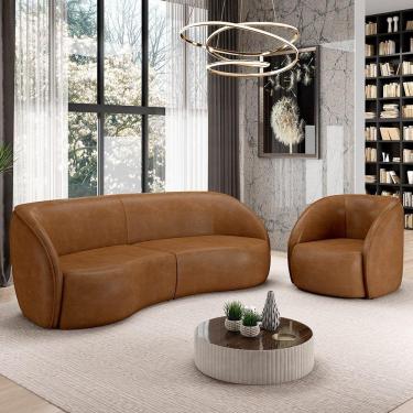 Imagem de Kit Sofá 4 Lugares Eron 288cm Com Poltrona Giratória Angelina M03 Couríssimo Whisky - Lyam