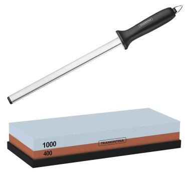 Imagem de Kit Pedra Afiar Faca E Chaira Diamantada em Inox 10" Tramontina Profissional