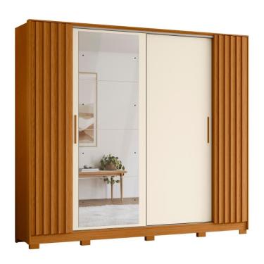 Imagem de Guarda Roupa Casal Flex Ripado Com Espelho Arapuã 4 Portas Bater 4 Gavetas Cinamomo Off...