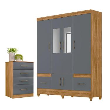 Imagem de Guarda Roupa Casal Conjunto Gokyo 6 Portas de Bater 2 Gavetas MDP Freijó Cinza com Espelho Casa H