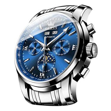 Imagem de OLEVS Relógio de pulso masculino automático, mecânico, luxuoso, fases da lua, aço inoxidável, à prova d'água, luminoso, calendário, relógio de pulso, Azul, prata, Mecânico
