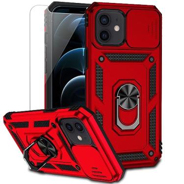 Imagem de Capa protetora para iPhone 12 Mini com capa de lente de câmera HD, camada dupla de grau militar proteção contra quedas, suporte magnético para iPhone 12 Mini 5,4 polegadas (vermelha)
