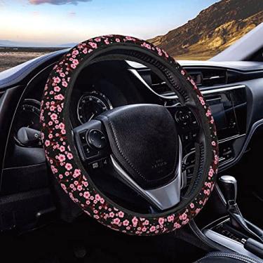 Imagem de FeHuew Capa de volante rosa em flor de cerejeira preta para mulheres, meninas 38 cm universal auto carro antiderrapante capas de volante adequadas para veículos, caminhões, SUV