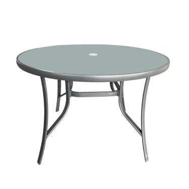 Imagem de Mesa Redonda Arpoador Macaé Fratini 107 cm (largura) Alumínio Cinza Tampo de Vidro com Furo Central