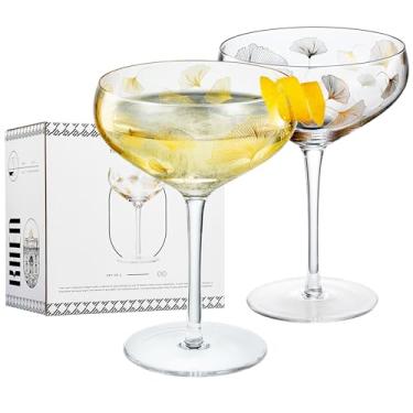 Imagem de Decalque vintage de folha de ginko champanhe cupê | Conjunto de 2 | 368 g, design de flor dourada dançante, vidro floral para coquetel - Martini, champanhe, sidecar, vinho - design de folha de videira