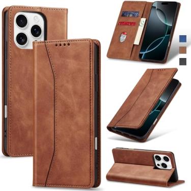 Imagem de Jasonyu Flip Carteira Capa para iPhone 16 Pro,Capinha Folio Magnética de Couro com Suporte para Cartão,Suporte para Chute - Protetora Durável de TPU à Prova de Choque para Telefone,Marrom