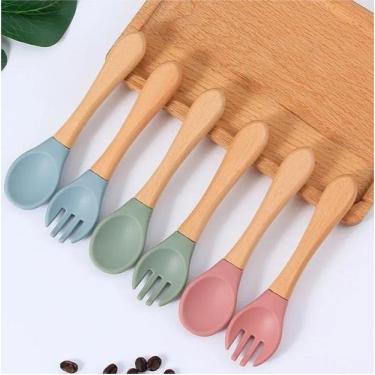 Imagem de Kit Garfo + Colher De Silicone Cabo De Madeira Para Bebê - Utimix