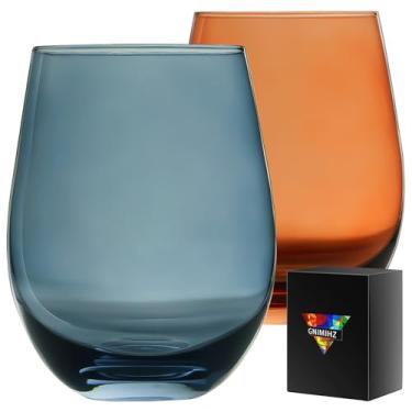 Imagem de Gnimihz Taças de vinho coloridas sem haste para vinho tinto ou branco (conjunto de 2), 510 g, taças de vinho grandes para Cabernet, Pinot Noir, Bordeaux (conjunto de 2 taças de vinho azul e laranja)
