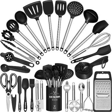 Imagem de Conjunto de utensílios de cozinha - Umite Chef Conjunto de 34 peças de utensílios de cozinha de silicone para panelas antiaderentes - Conjunto de espátulas de silicone, cabo de aço inoxidável - ferramentas de utensílios de cozinha preto, acessórios para panelas e frigideiras