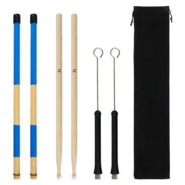 Imagem de Ogdni Conjunto de pincéis de bengala, 1 par de baquetas clássicas de madeira de bordo 5A, 1 par de escovas de arame retráteis e 1 par de varões, escovas de tambor com bolsa de armazenamento para