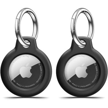 Imagem de 【Pacote com 2】 Capa para AirTag com chaveiro, chaveiro anti-arranhões para Apple Air, acessórios para rastreador de itens GPS, preto