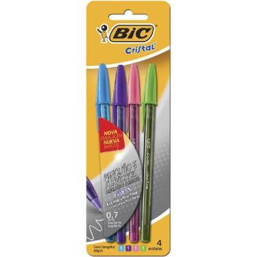 Imagem de Caneta Bic cristal ponta ultra fina 0.7mm com 4 cores, azul, rosa, rox
