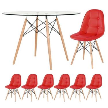 Imagem de Mesa Com Tampo De Vidro + 6 Cadeiras Estofadas Vermelho