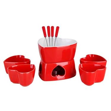 Imagem de Conjunto para Fondue Cerâmico Vermelho, 500ml, 10 Peças, Design Coração, 4 Ramequins e 4 Garfos