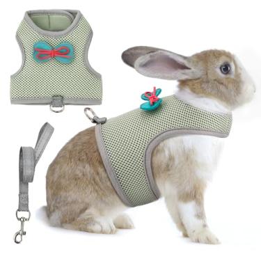 Imagem de AIITLE Conjunto de arnês e coleira de coelho com laço fofo, peitoral ajustável à prova de fuga para coelhos, gatinho, furão, filhotes, animais de estimação, caminhadas, acampamento, ao ar livre,