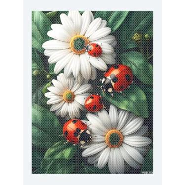 Imagem de MOER SKY Beautiful Ladybugs Daisy Diamond Painting Art Kit para adultos, pintura artística de diamante de primavera para iniciantes, pintura de flores com pedras redondas de broca completa, 30 x 40 cm