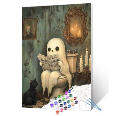 Imagem de Aihonmin Ghost Read Jornal on Toilet Paint by Numbers Halloween DIY Painting by Number on Canvas with Brushes and Acrylic Pigment Easy to Paint Home Decor and Christian Gift 40 x 50 cm (sem moldura