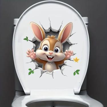Imagem de Nouiroy Adesivo fofo da série animal buraco quebrado decalque de tampa de vaso sanitário, adesivo de PVC removível autoadesivo para banheiro, sala de estar, quarto adesivos de decoração (coelho marrom
