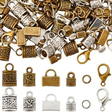 Imagem de SUNNYCLUE 1 caixa 240 peças de tampas de cabo Kumihimo terminais de corda liga metal antigo prata bronze couro crimpagem Kumihimo pontas com fecho lagosta anéis de salto para kit de fabricação de