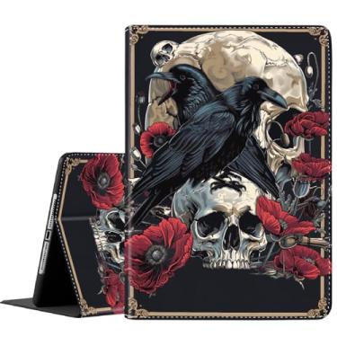 Imagem de Capa para tablet Samsung Galaxy Tab A9 Plus de 11 polegadas [SM-X210/X216/X218], capa fina e dobrável com despertar/hibernar automaticamente para Galaxy Tab A9+ 11 2023, caveira e corvo com flores