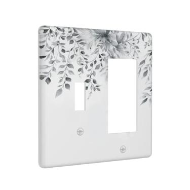 Imagem de Xuejiaku Placa de cobertura para interruptor de luz, cinza, branco, folhas de eucalipto, vintage, floral, 2 gangs, comutadores, comutadores, placas decorativas e capas de tomada, capa de soquete para
